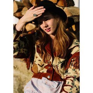 Vintage Pioneer Wear Jacket Genuine Leather Cotton Western Brown Cream Size M